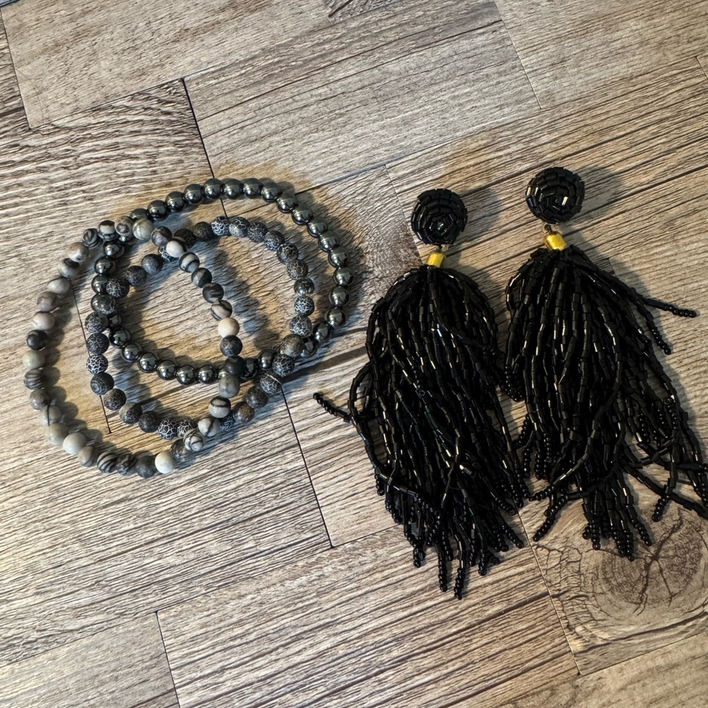 Black Beaded Tassel Earrings and Gray Beaded Bracelets Set